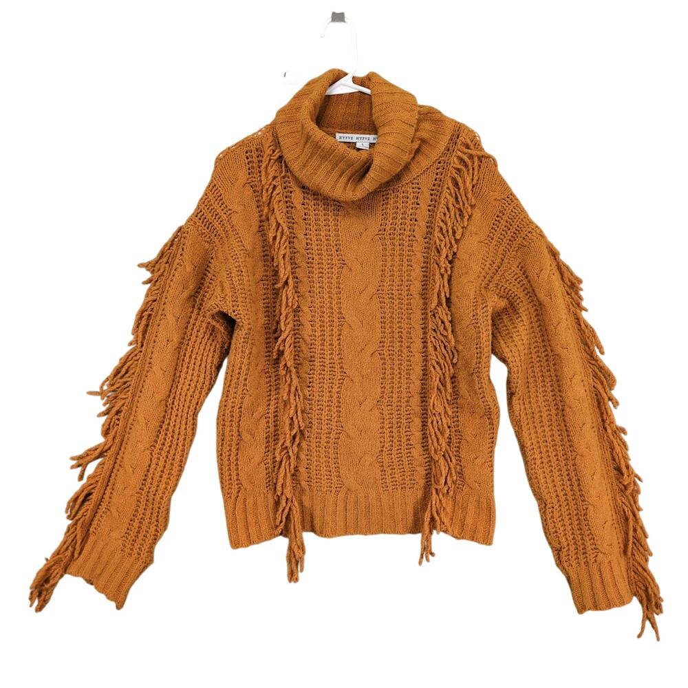 Hyfve Women's L Gold Chunky Cable Knit Turtleneck Fringe Sweater Western Boho